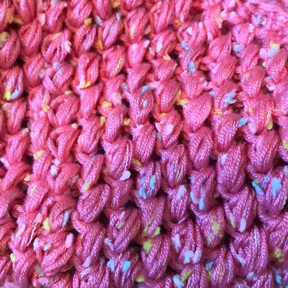 Hand Crocheted Infinity Scarf Shawl Cowl Pink with Yellow Specks Puff Stitch - Picture 2 of 3